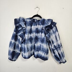 Ulla Johnson Clara Blouse Top Girl's Sz 12 Blue Indigo Tie-Dye Ruffle Sleeves